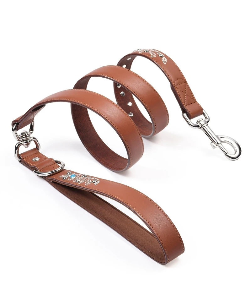 Blueberry Pet Western Style Full Grain Genuine Leather Dog Leash with Embroidery and Pearl or Turquoise Studs