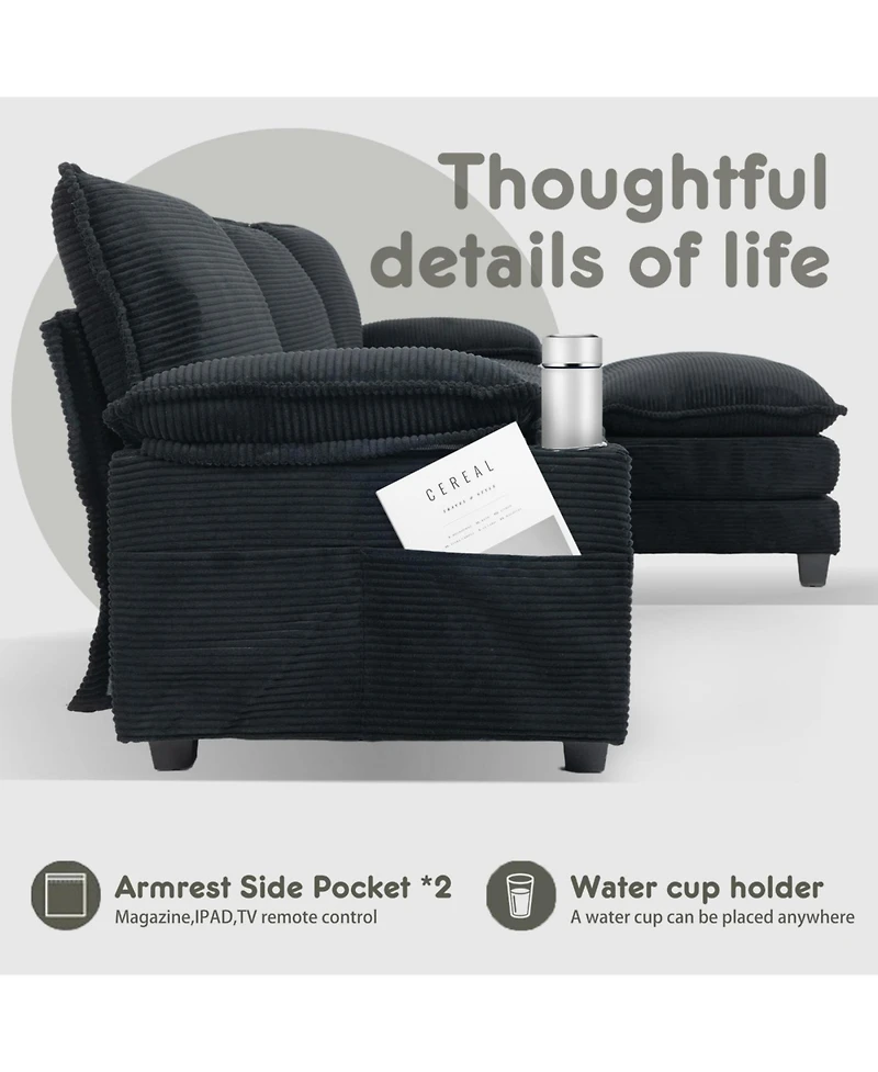 Streamdale Modern 3+1 L-Shaped Corduroy Sofa with Ottoman, Cloud Couch for Living Room.