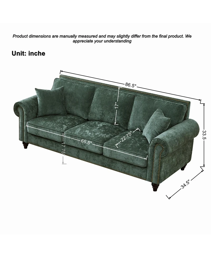 Streamdale Furniture 86" Modern Chenille 3-Seater Sofa with Rolled Arms & Wood Legs (Green