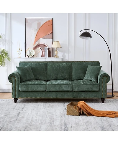 Streamdale Furniture 86" Modern Chenille 3-Seater Sofa with Rolled Arms & Wood Legs (Green
