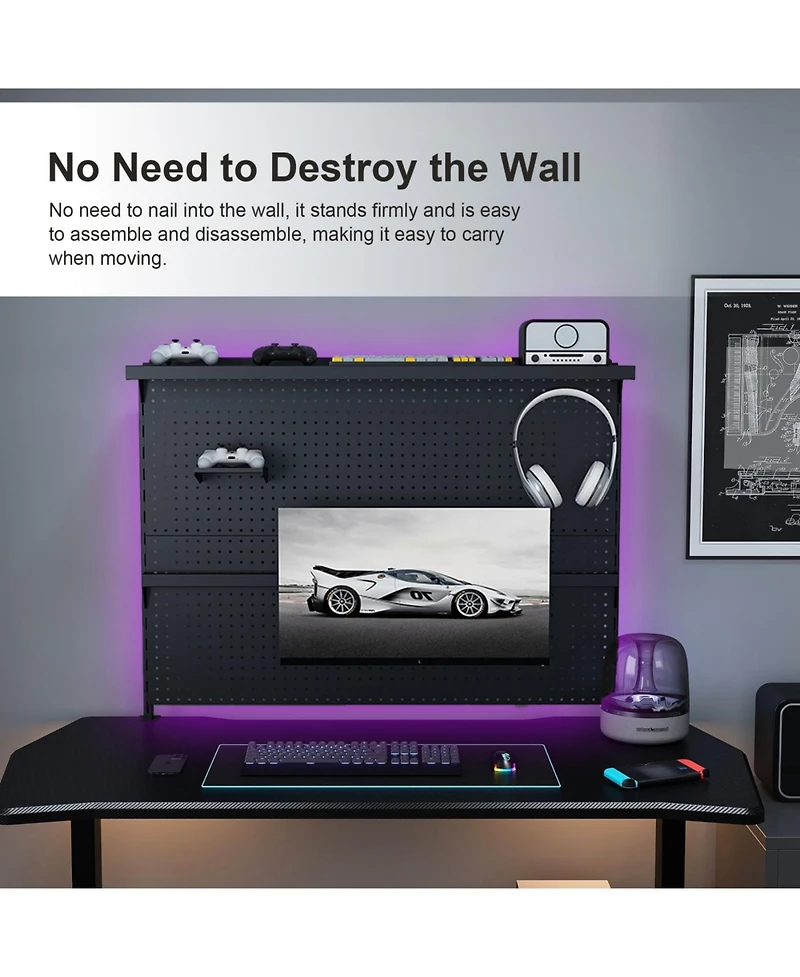 Streamdale FurnitureClamp-On Desk Pegboard with Monitor Stand, 43x35 Inch Organizer, Black