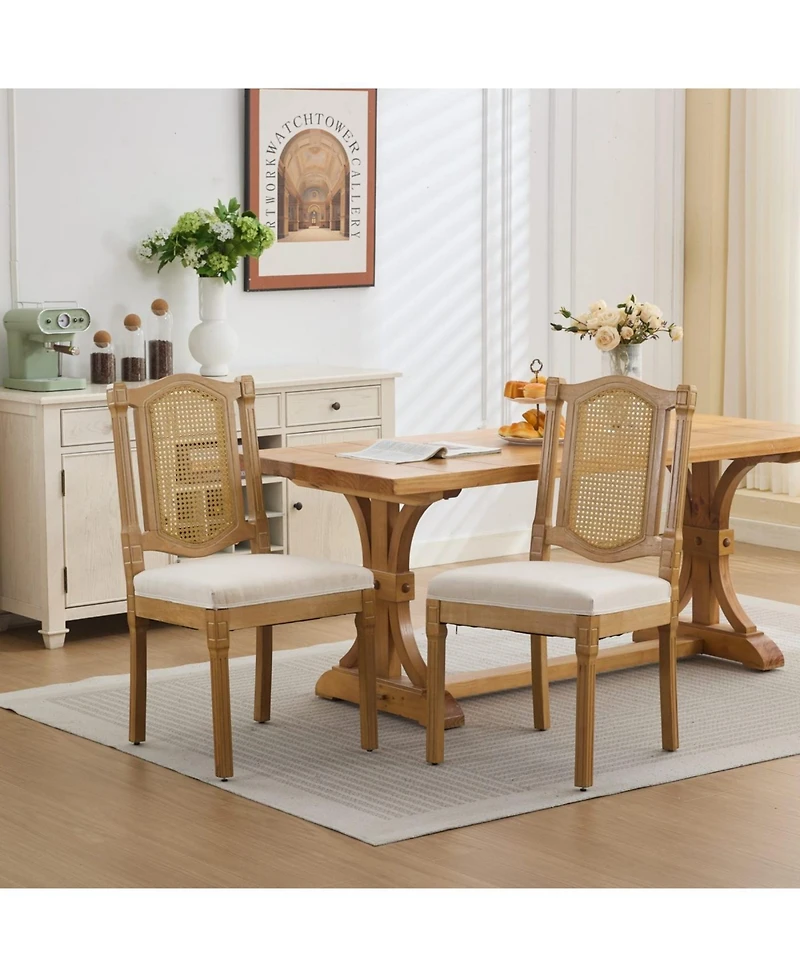 Streamdale Furniture Solid Wood Rattan Back Dining Chair - Natural Linen Cushion