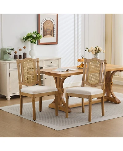 Streamdale Furniture Solid Wood Rattan Back Dining Chair - Natural Linen Cushion