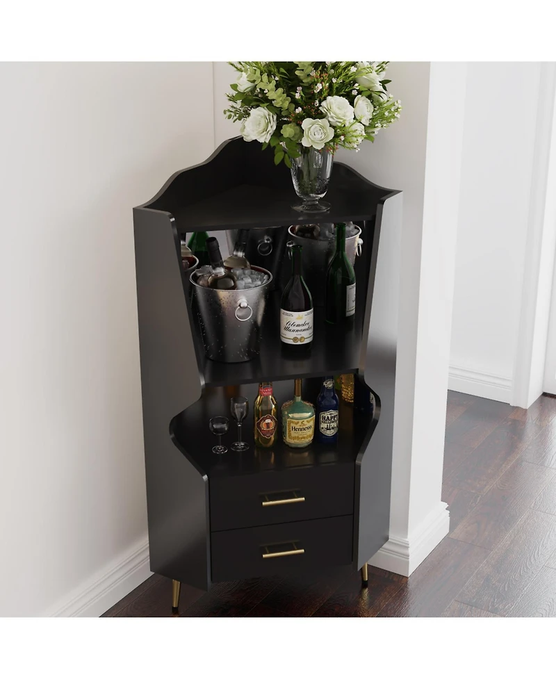 Streamdale Furniture Streamdale Wooden Corner Bar Cabinet with Shelves and Drawers, Mirrored Back - Black