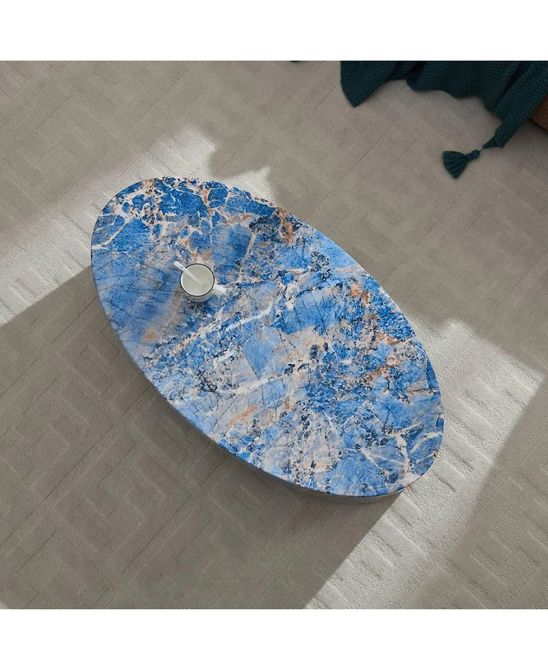 Streamdale Furniture Streamdale The oval natural marble coffee table side table in the living room, blue