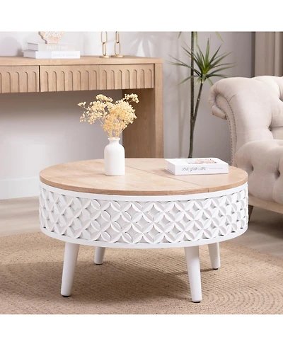 Streamdale Round Coffee Table with Storage Lift-Top Accent Table, White Carved Base