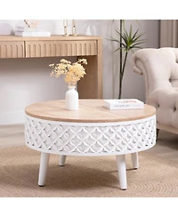 Streamdale Round Coffee Table with Storage Lift-Top Accent Table, White Carved Base