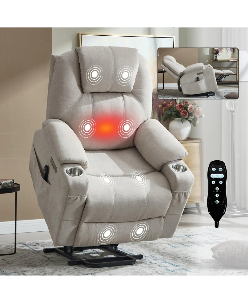 Streamdale Furniture Polyester Power Lift Recliner Chair, 350 Lbs Capacity, 8-Point Massage, Heating, Usb/Type-c, Beige