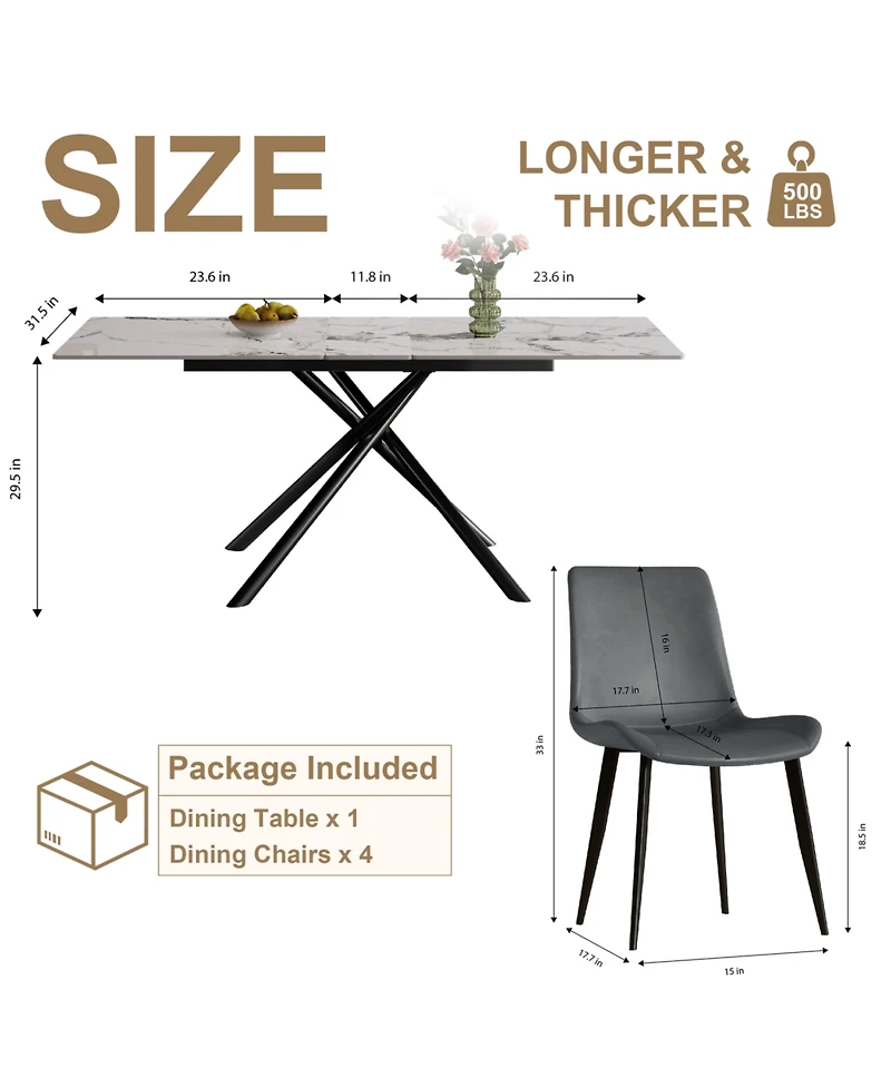 Streamdale Furniture59" Modern Expandable Dining Table w/Retractable Leaf, Charred Stone & Black Base