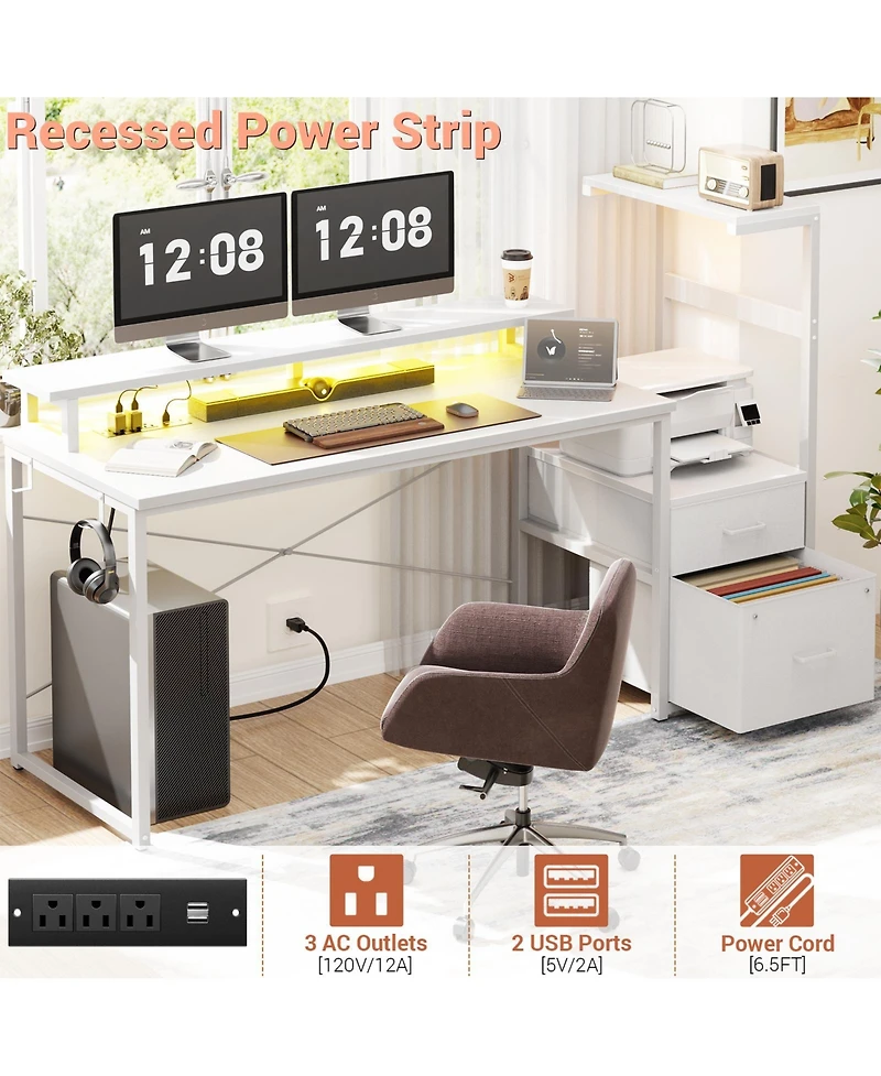 Aheaplus Gaming Desk with Outlets and Led Light, 59'' Reversible Computer File Drawers & Monitor Stand