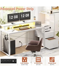 Aheaplus Gaming Desk with Outlets and Led Light, 59'' Reversible Computer File Drawers & Monitor Stand