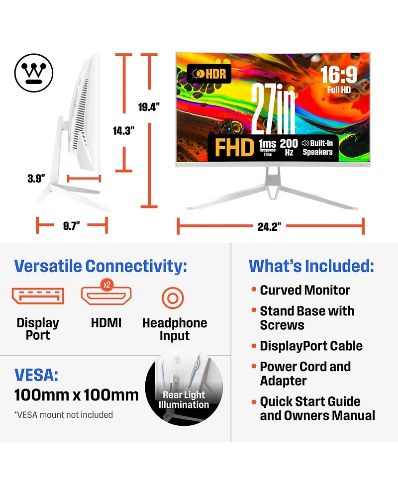Westinghouse 27" Curved Full Hd White Gaming Monitor, 200Hz, Amd FreeSync, Low Motion Blur, 1500R, 1080p, Dp & 2x Hdmi, Built-in Speakers