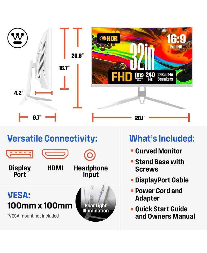 Westinghouse 34" Curved Ultrawide White Gaming Monitor, 180Hz, Amd FreeSync, Low Motion Blur, 1500R, 3440x1440, 2x Dp & 2x Hdmi, Built-in Speakers