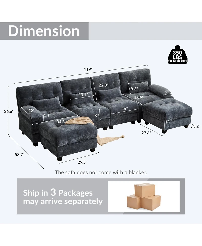 Streamdale Furniture Streamdale 4-Seater Sofa with 2 Ottomans, Adjustable Backrest, 350lb/Seat, Chenille