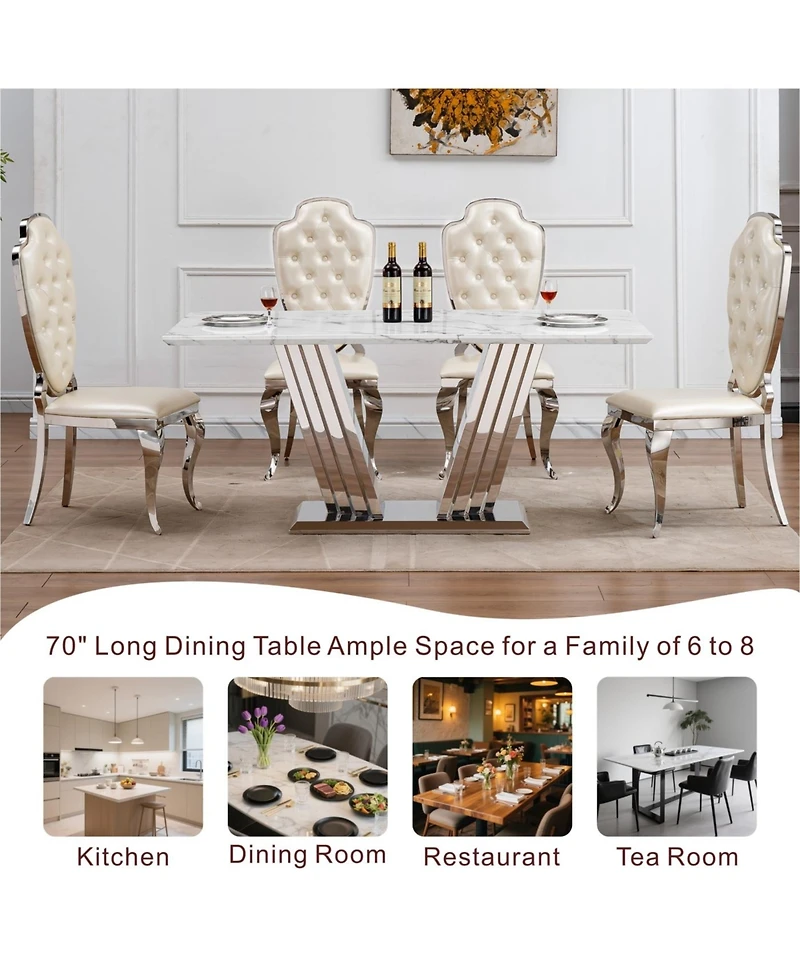 Streamdale Furniture Marble Dining Table for 6, 70" Rectangle Faux Marble Kitchen Table with Stainless Steel Base