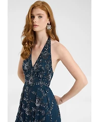 Beauut Women's Embellished Sequin Beaded Maxi Dress With Halter Neck Deep V-Cut
