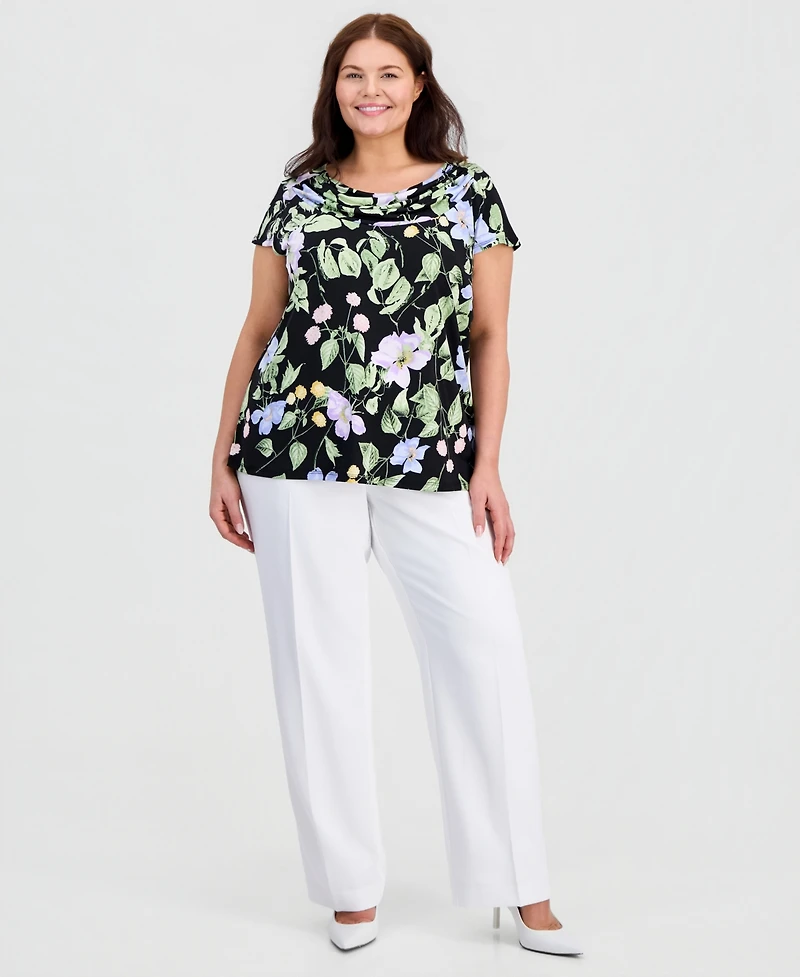 Kasper Plus Printed Cap-Sleeve Cowl-Neck Top