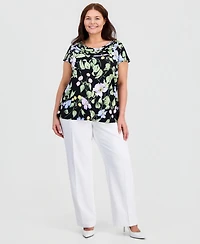 Kasper Plus Printed Cap-Sleeve Cowl-Neck Top