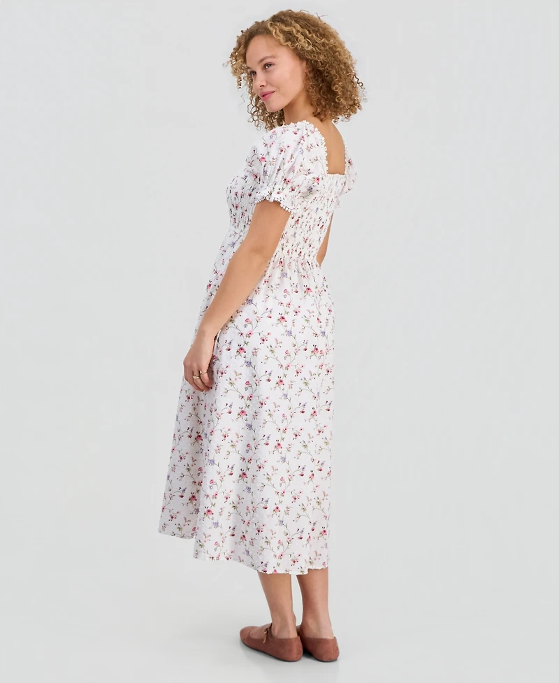 Celebrity Pink Juniors' Textured Floral Printed Puff-Sleeve Midi Dress