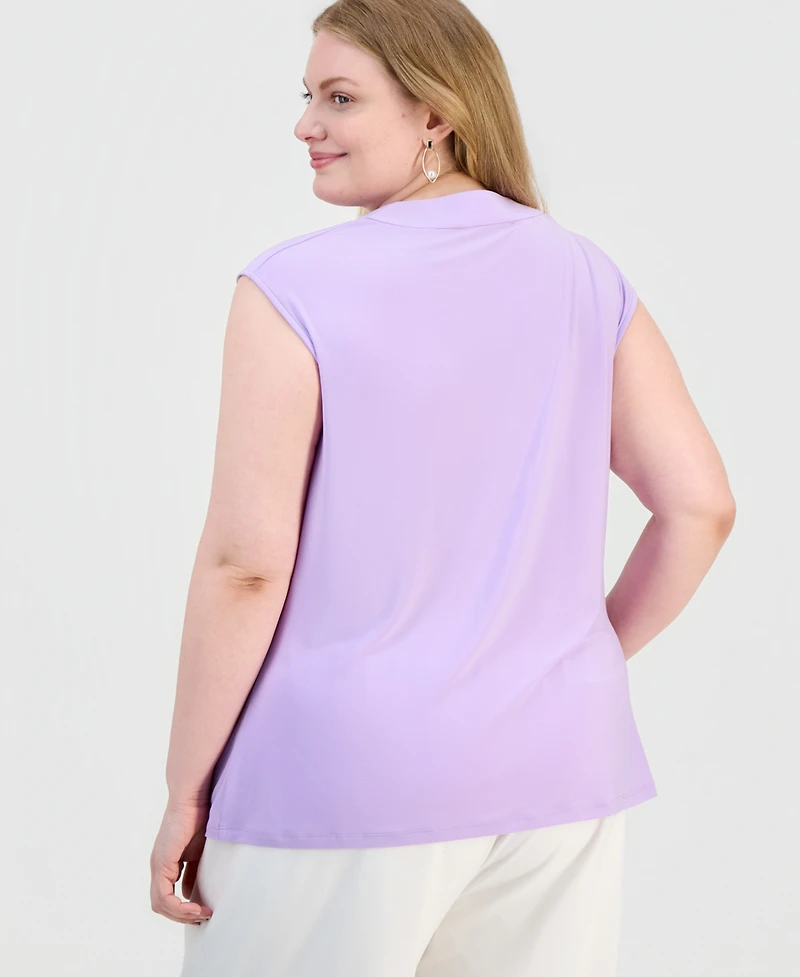 Kasper Plus Cowl-Neck Cap-Sleeve Top