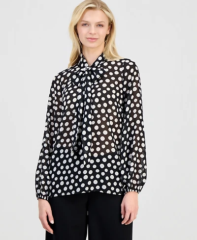 Tahari Asl Women's Printed Long-Sleeve Bow Blouse