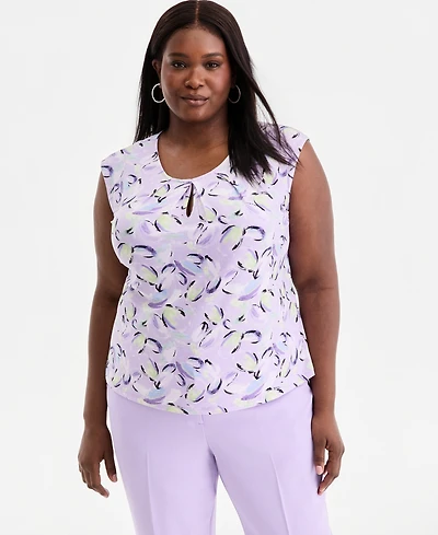 Kasper Plus Printed Keyhole-Neck Sleeveless Top