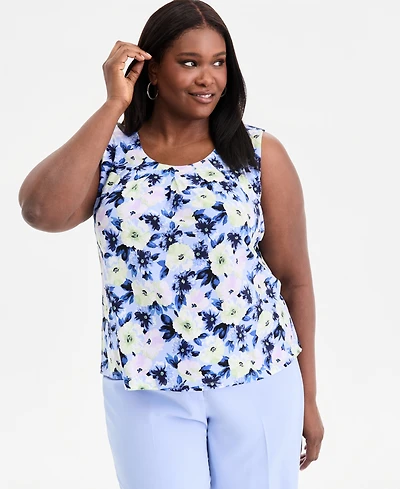 Kasper Plus Pleat-Neck Sleeveless Floral Top