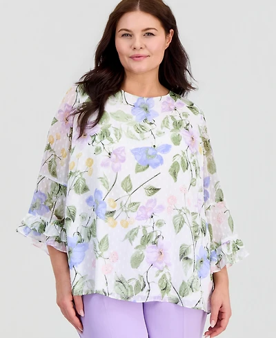 Kasper Plus Printed Ruffled-Sleeve Blouse