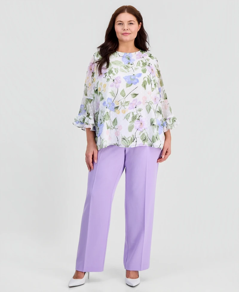Kasper Plus Floral Clip-Dot Flounce-Sleeve Blouse