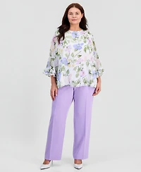 Kasper Plus Floral Clip-Dot Flounce-Sleeve Blouse