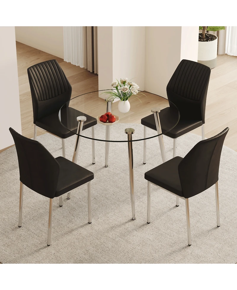 Streamdale Furniture Glass Dining Table Set with 4 Black Pu Chairs