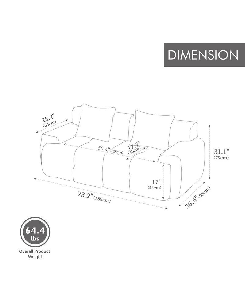 Streamdale Furniture 73" Modern Modular Sectional Loveseat, 2 Seater Tufted Cloud Convertible Couch with 2 Pillows
