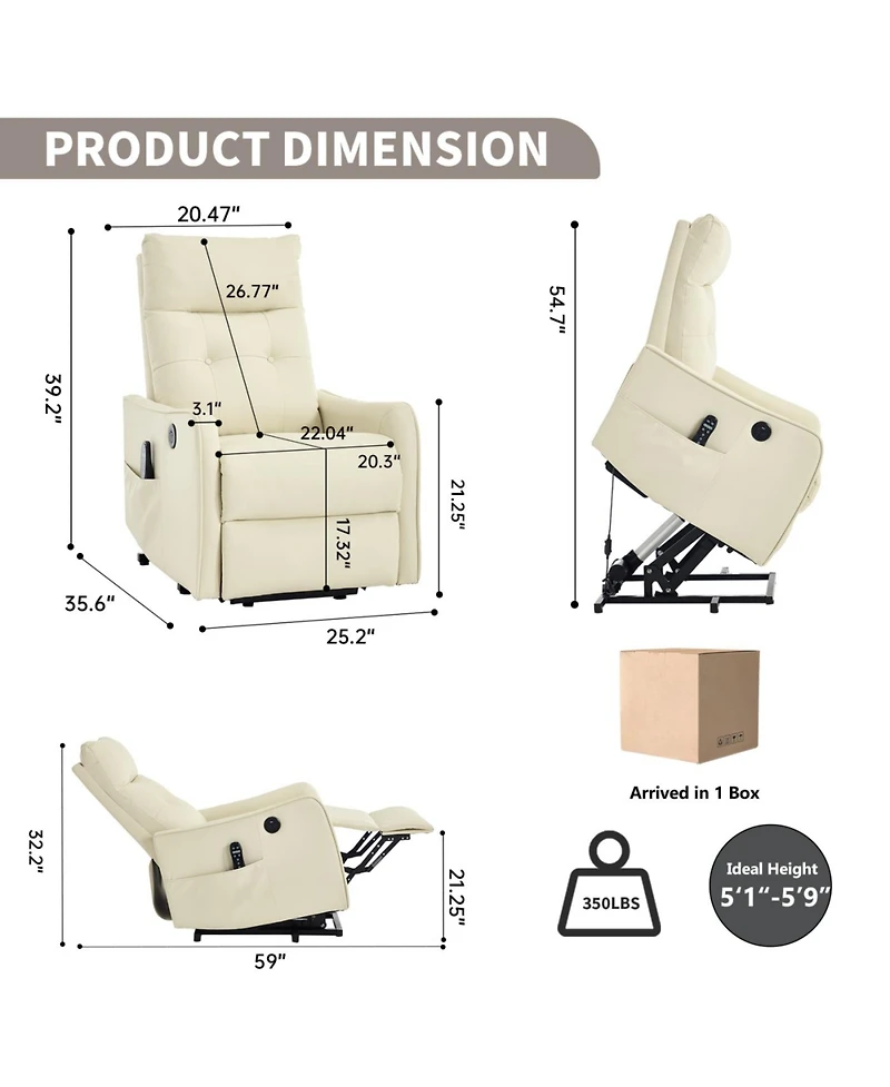 Streamdale Furniture Beige Pu Power Lift Recliner Chair with Massage, Heat, Usb for Elderly