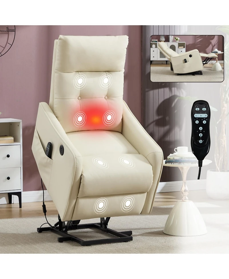 Streamdale Furniture Beige Pu Power Lift Recliner Chair with Massage, Heat, Usb for Elderly