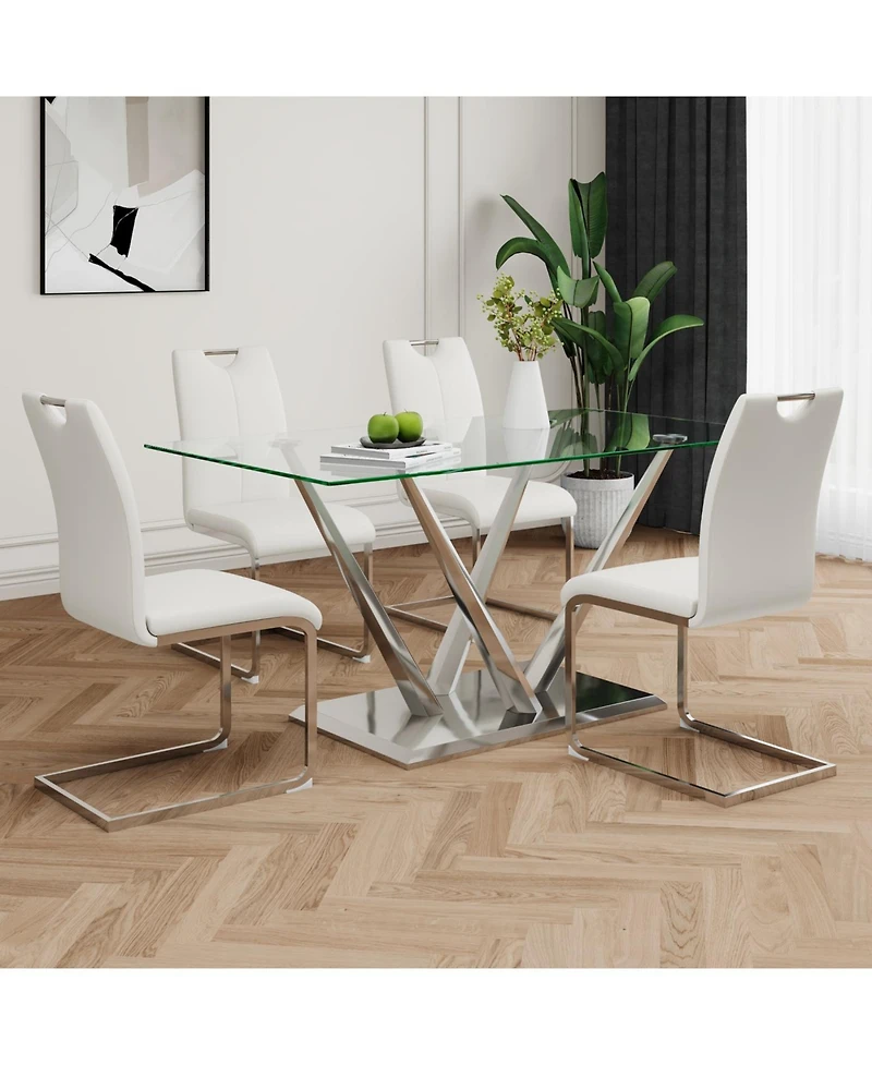 Streamdale Furniture Modern Glass Dining Table Set with 4 White Chairs (Set of 5)