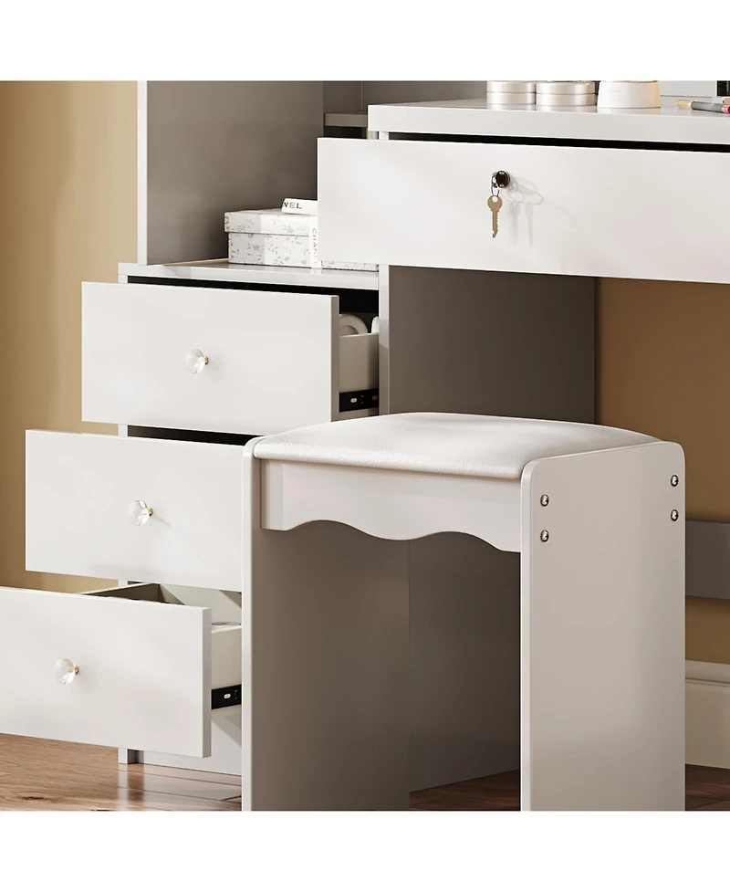 Streamdale Furniture Vanity Desk Set with Lighted Mirror, 4 Drawers, 9 Storage Spaces & Stool, White