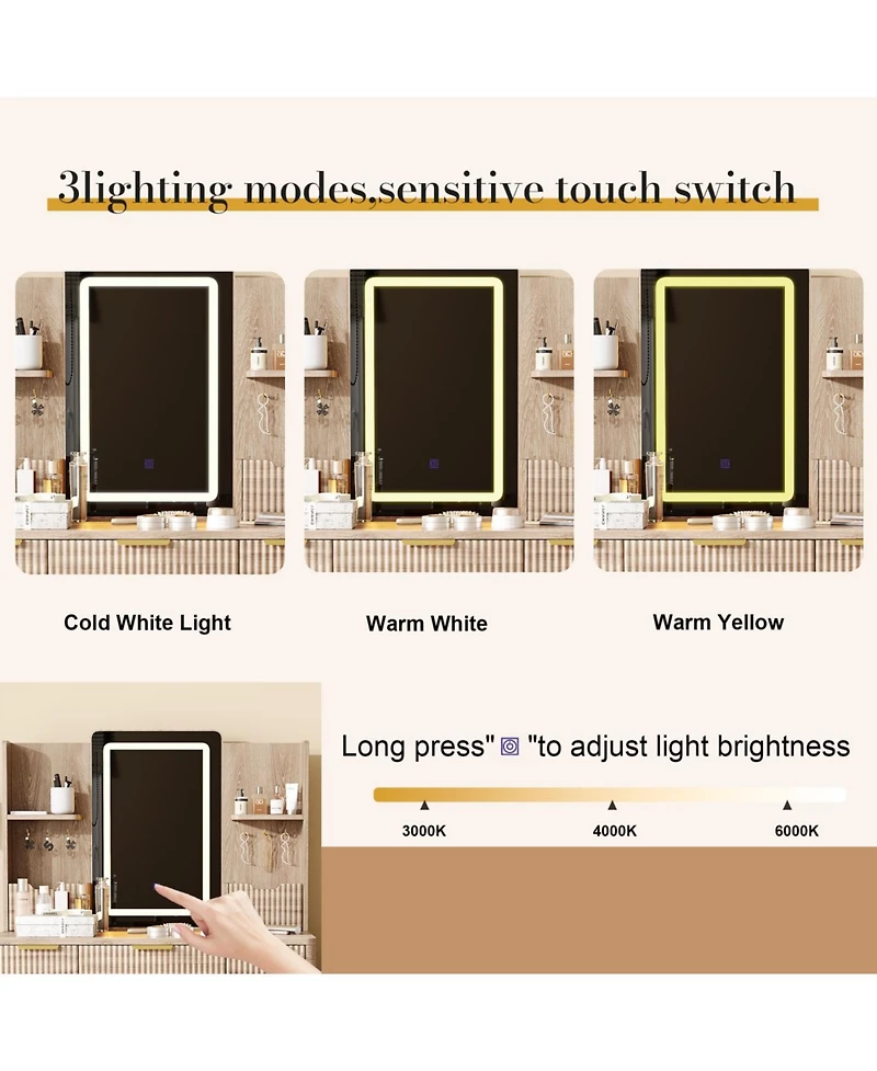 Streamdale Furniture Streamdale 4-Drawer Vanity Desk with Led Mirror & Carved Details, Makeup Table with Stool