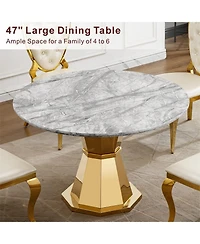 Streamdale Furniture 47" Round Marble Dining Table with Stainless Steel Base (Gold/Gray)