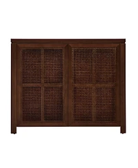 Streamdale Furniture Streamdale Mid Century Modern Rattan Sideboard Buffet Cabinet with 2 Outlets, Walnut
