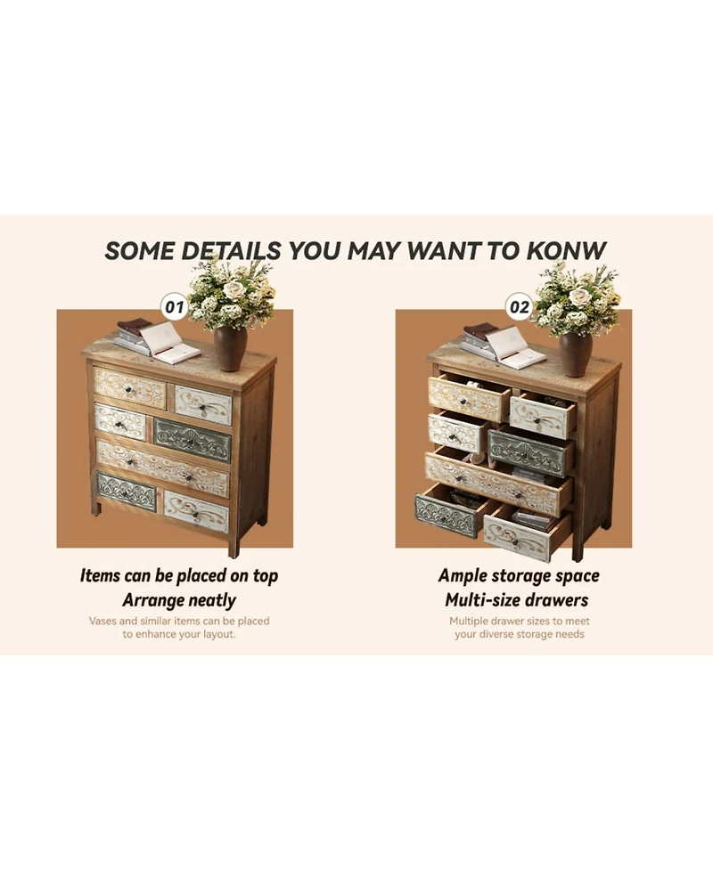 Streamdale Furniture Vintage Wooden 6-Drawer Accent Chest - Rustic Multicolor Carved Storage Dresser