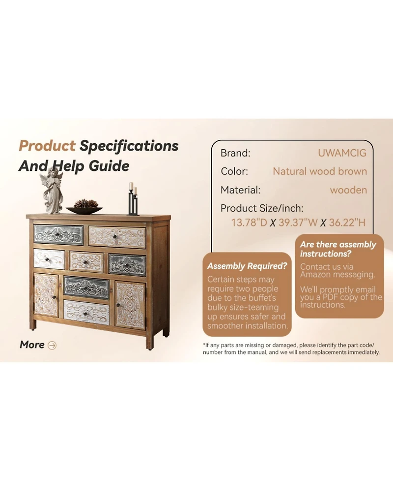 Streamdale Furniture Vintage Wooden Accent Chest with 7 Drawers & 2 Cabinets