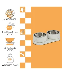 The Licker Store Marbre Small/Medium Modern Weighted Double Marble and Stainless Steel Bowl 12oz (1.5 Cups) Feeder with Non-Slip Tray Set