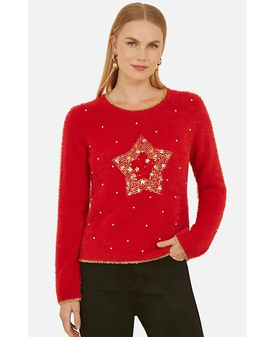Yumi Women's Fluffy Star Holiday Sweater