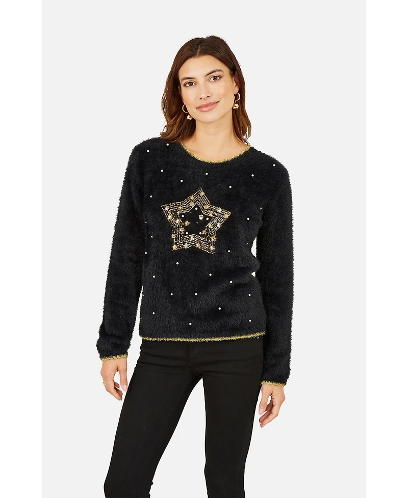 Yumi Women's Fluffy Star Holiday Sweater