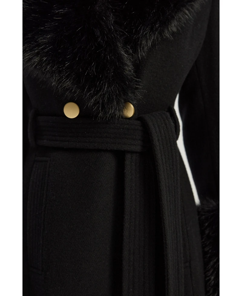Karen Millen Women's Wool Detachable Fur Belted Midi Coat