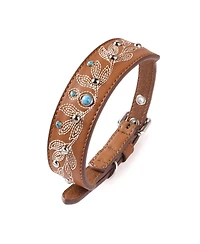 Blueberry Pet Western Style Full Grain Genuine Leather Embroidered Dog Collar with Pearl or Turquoise Studs