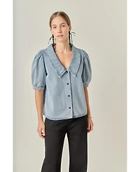 English Factory Women's Deep V-Neck Button Up Denim Shirt