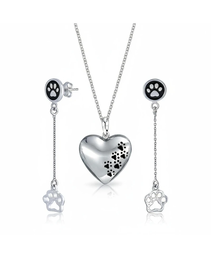 Bling Jewelry Set of 2 Bff Pet Animal Lover Black Enamel Paw Print Dangle & Heart Stud Earrings Sterling Silver