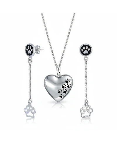 Bling Jewelry Set of 2 Bff Pet Animal Lover Black Enamel Paw Print Dangle & Heart Stud Earrings Sterling Silver