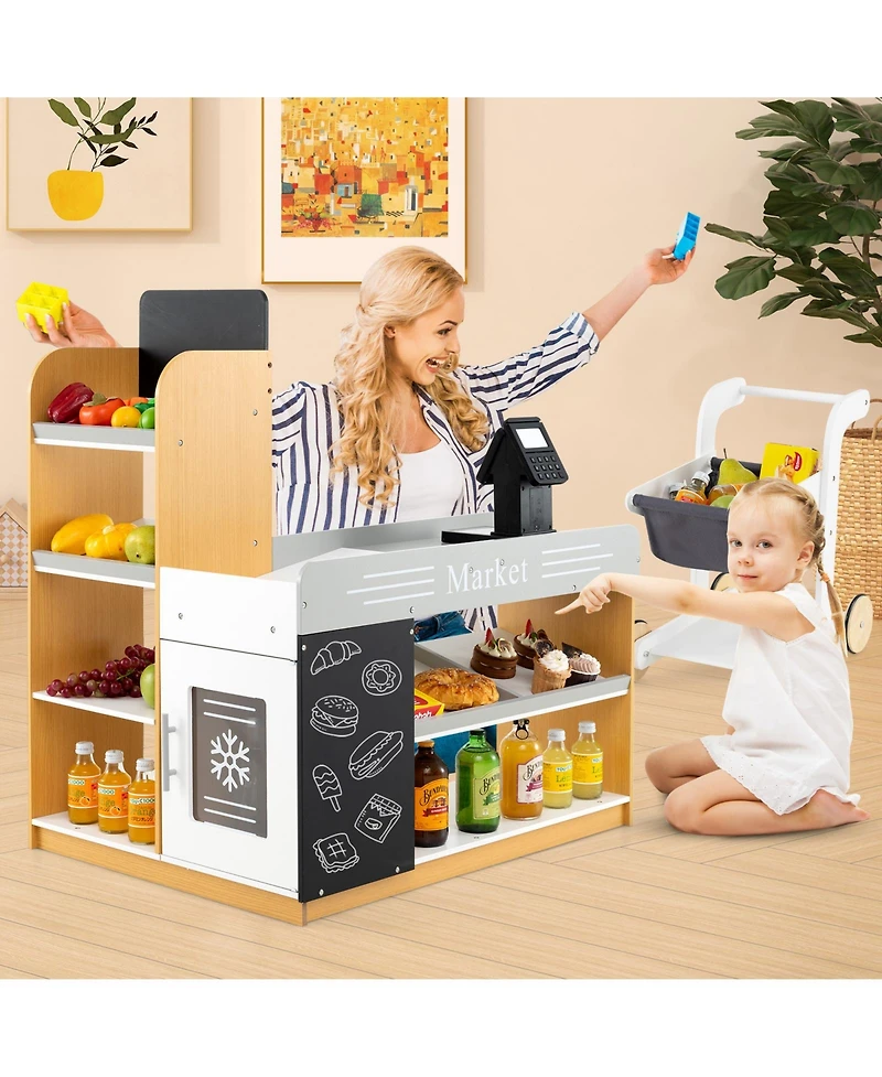 Skonyon Wooden Supermarket Playset with Checkout Counter & Shopping Cart